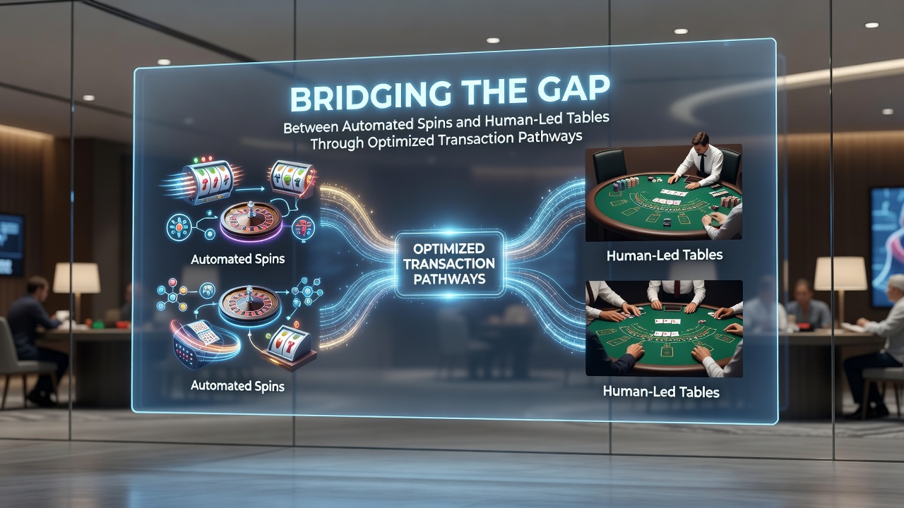Diagram showing transaction flow between slot games and live dealer tables with optimized payment integration