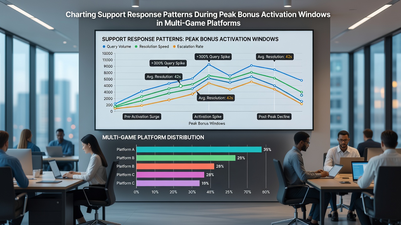 Support agents monitoring real-time bonus activation metrics across multiple game types