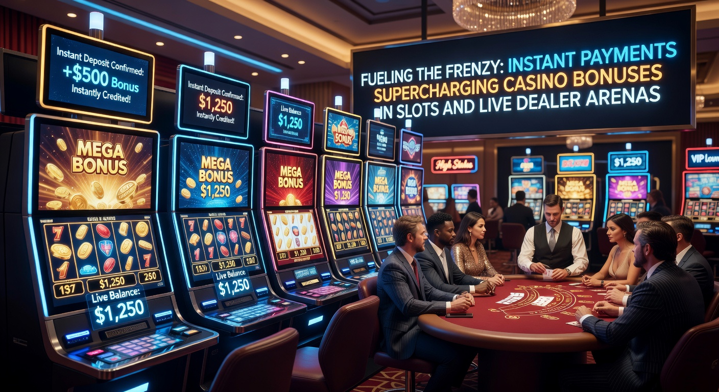 Dynamic scene of a smartphone screen displaying instant deposit confirmation alongside a live roulette wheel spinning with bonus multipliers activating in real time