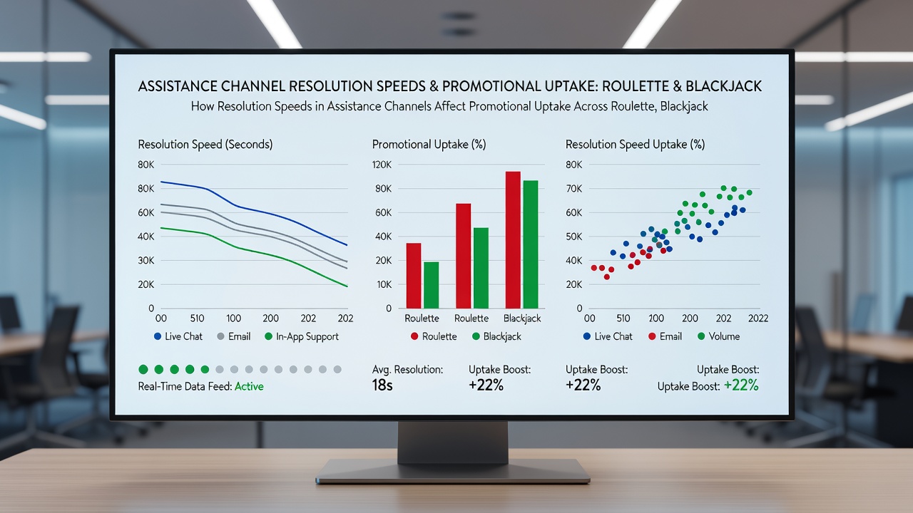 Analytics dashboard displaying resolution speed metrics alongside promotional uptake rates for roulette, blackjack, and slots
