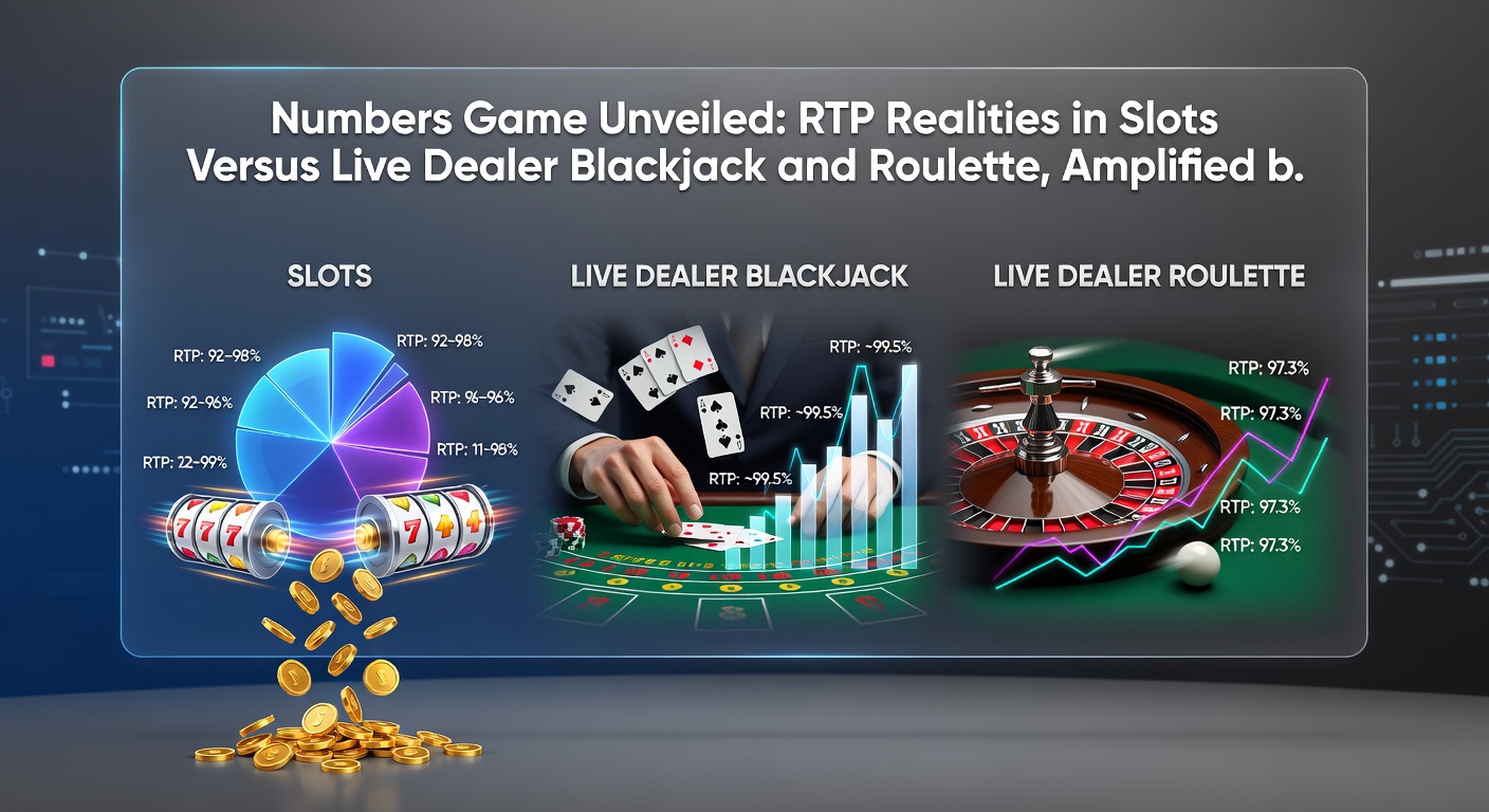 Live dealer at a blackjack table dealing cards with RTP stats and roulette wheel in background, promotional bonus icons flashing
