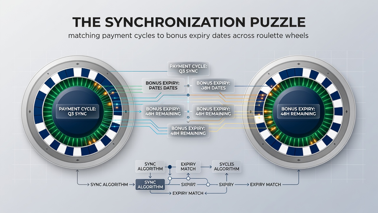 Split-screen view of slot reels spinning alongside roulette wheel with overlaid payment and bonus timer graphics