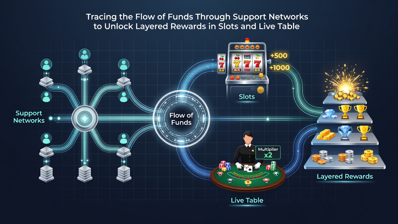 Illustration of layered bonus structures connecting slot reels with live table payouts through tracked fund movements